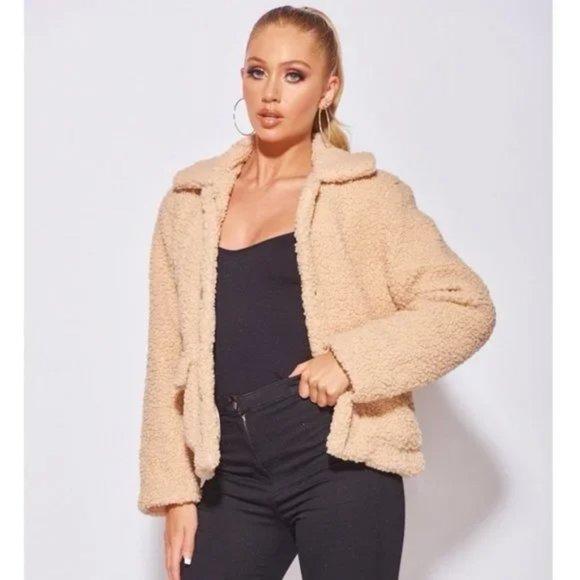 Camel Long Sleeve Collared Teddy Bear Fur Trucker Jacket - Picture 3 of 14